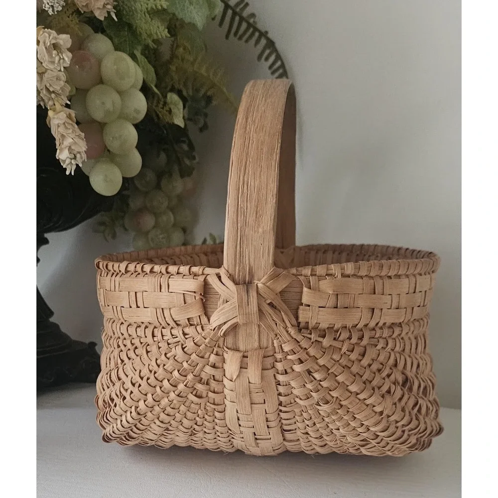 Antique Hand-Woven Gathering Basket Bentwood Handle 9
